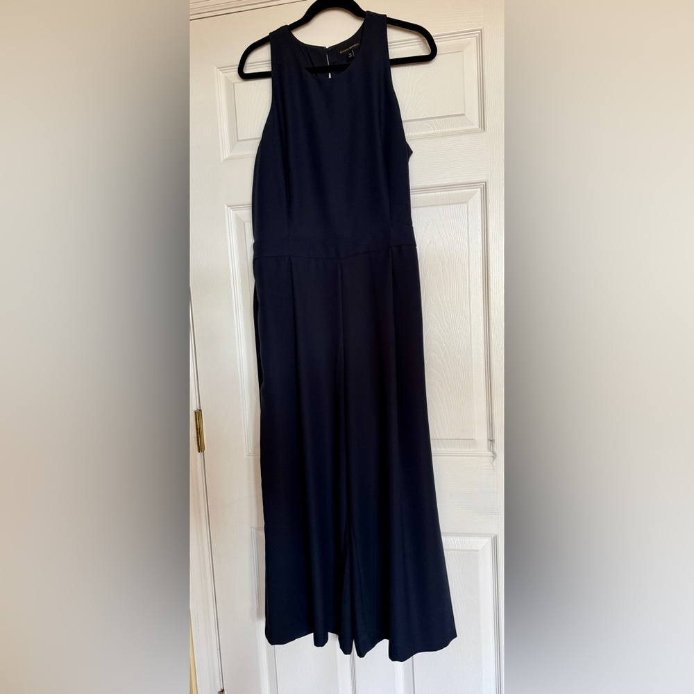Banana Republic crepe sleeveless jumpsuit pleated wide leg navy blue size 14